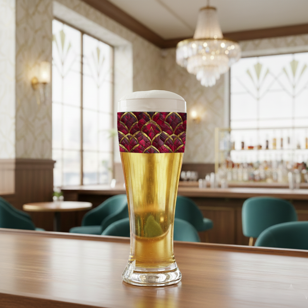 Crimson Jewels pilsner glass of beer with a red and gold art deco design on a bar counter in a lounge setting