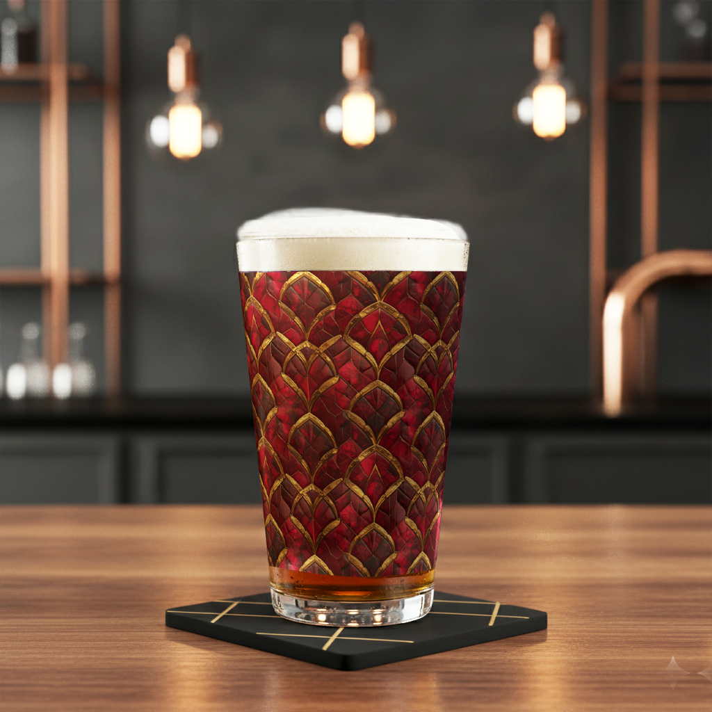 Crimson Jewels shaker pint glass with red and gold art deco design and filled with beer and foam head, sitting on a bar with coaster