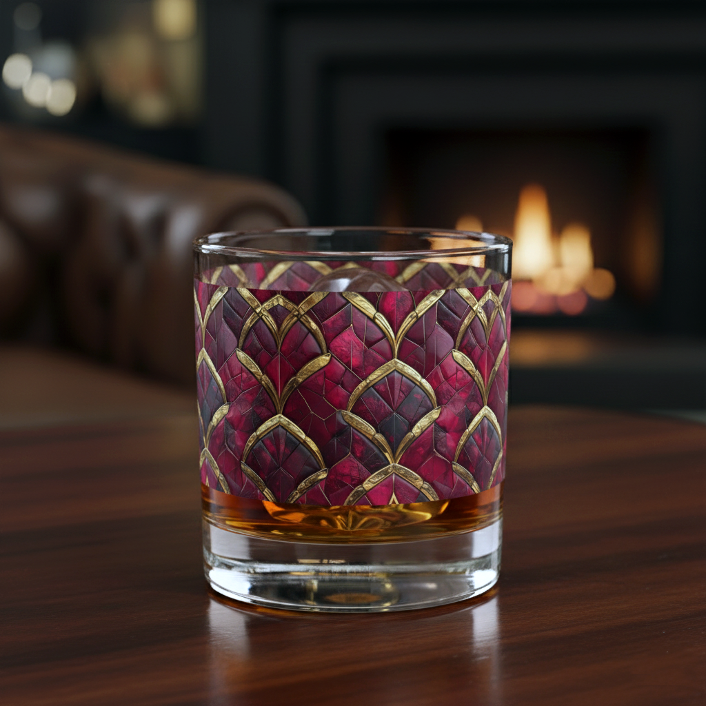 Crimson Jewels rocks glass with a ruby and gold design and whiskey on a wooden surface, blurred background