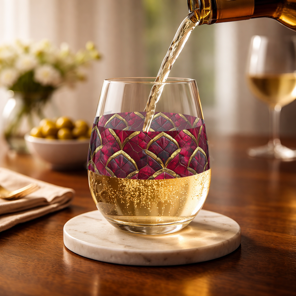Crimson Jewels stemless wine glass with ruby and gold design on a coaster sitting on table with sparkling wine being poured and blurred background