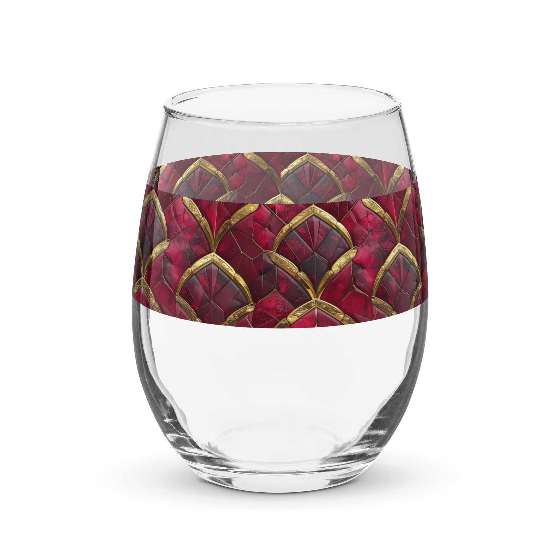 Crimson Jewels stemless wine glass with a red and gold decorative band on a white background