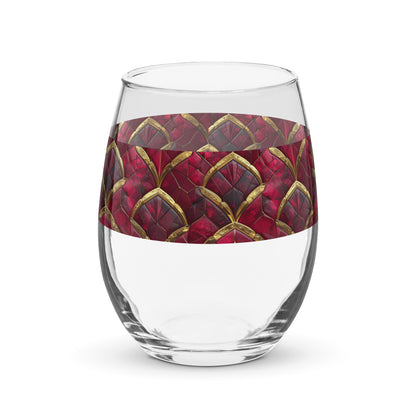 Crimson Jewels stemless wine glass with a red and gold decorative band on a white background