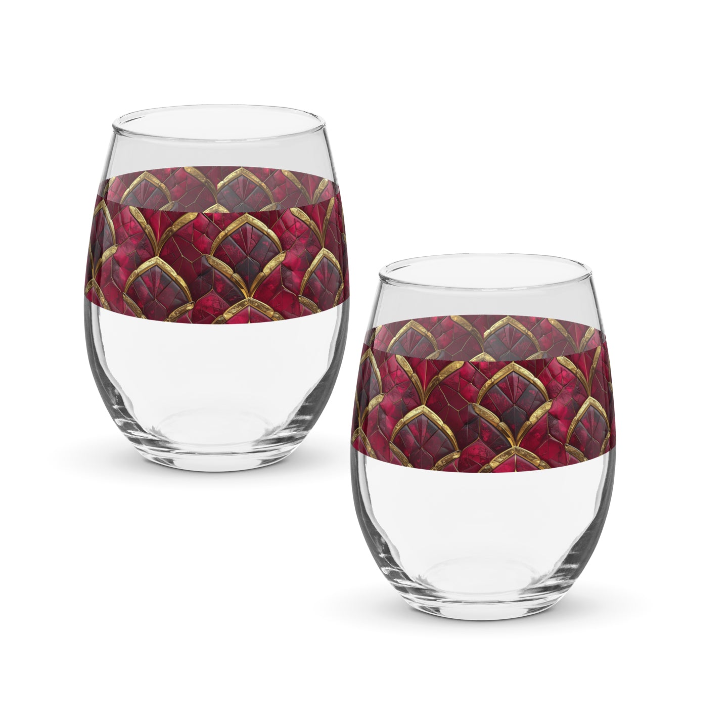 Two Crimson Jewels stemless wine glasses with red and gold patterned bands on a white background