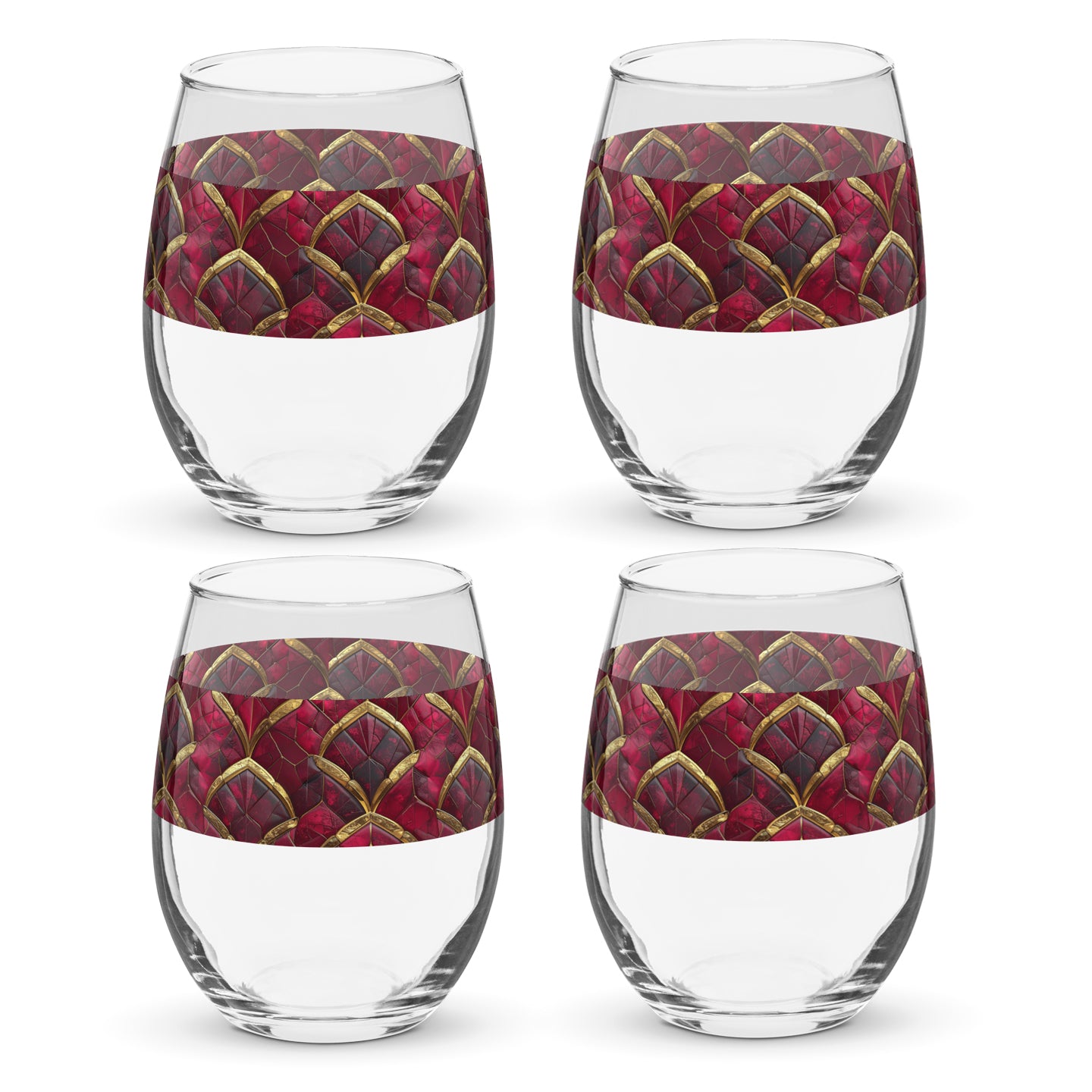 Four clear Crimson Jewels stemless wine glasses with red and gold geometric patterns on a white background