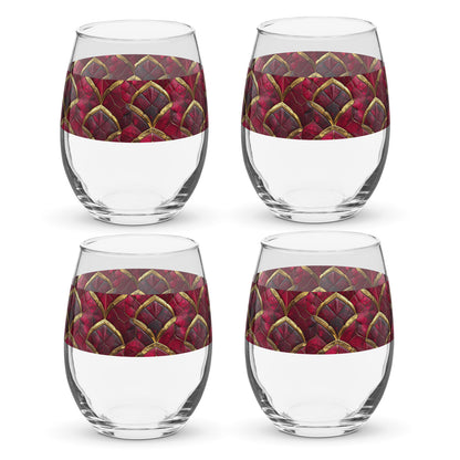 Four clear Crimson Jewels stemless wine glasses with red and gold geometric patterns on a white background
