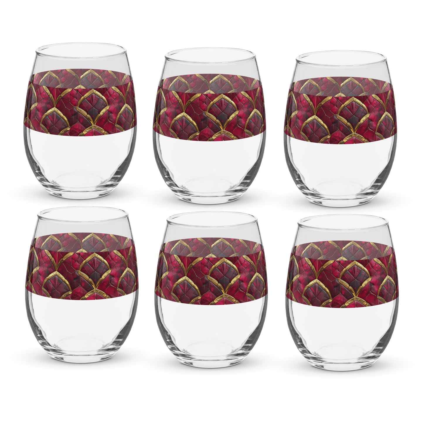 Set of six clear Crimson Jewels stemless wine glasses with red and gold geometric patterns on a white background