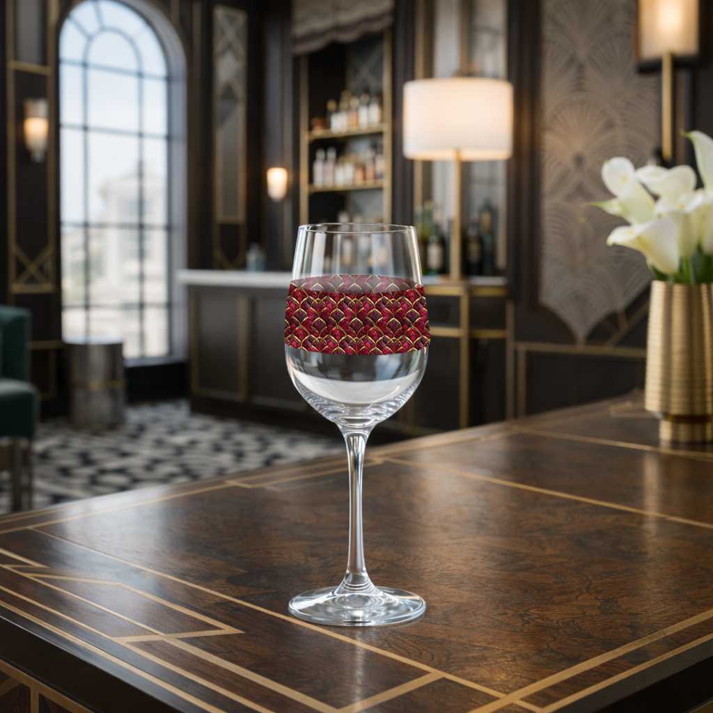 Crimson Jewels tall wine glass with ruby and gold design on a bar counter