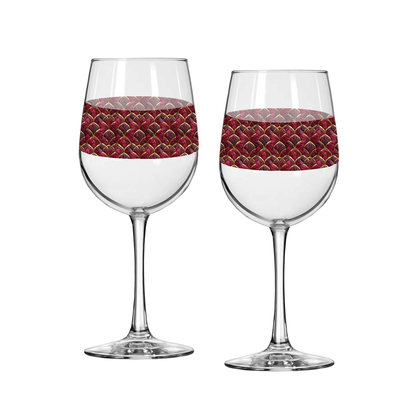 Two Crimson Jewels tall wine glasses with red and gold design around the middle on a white background