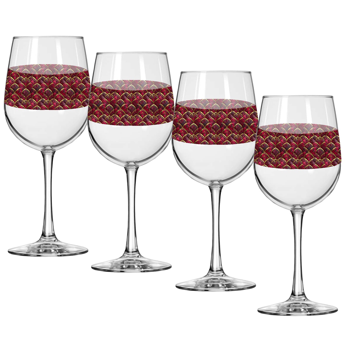 Four Crimson Jewels tall wine glasses with red and gold patterned bands around the middle on a white background