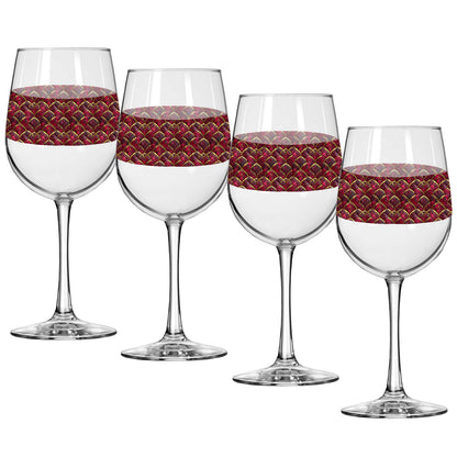 Four Crimson Jewels tall wine glasses with red and gold patterned bands around the middle on a white background