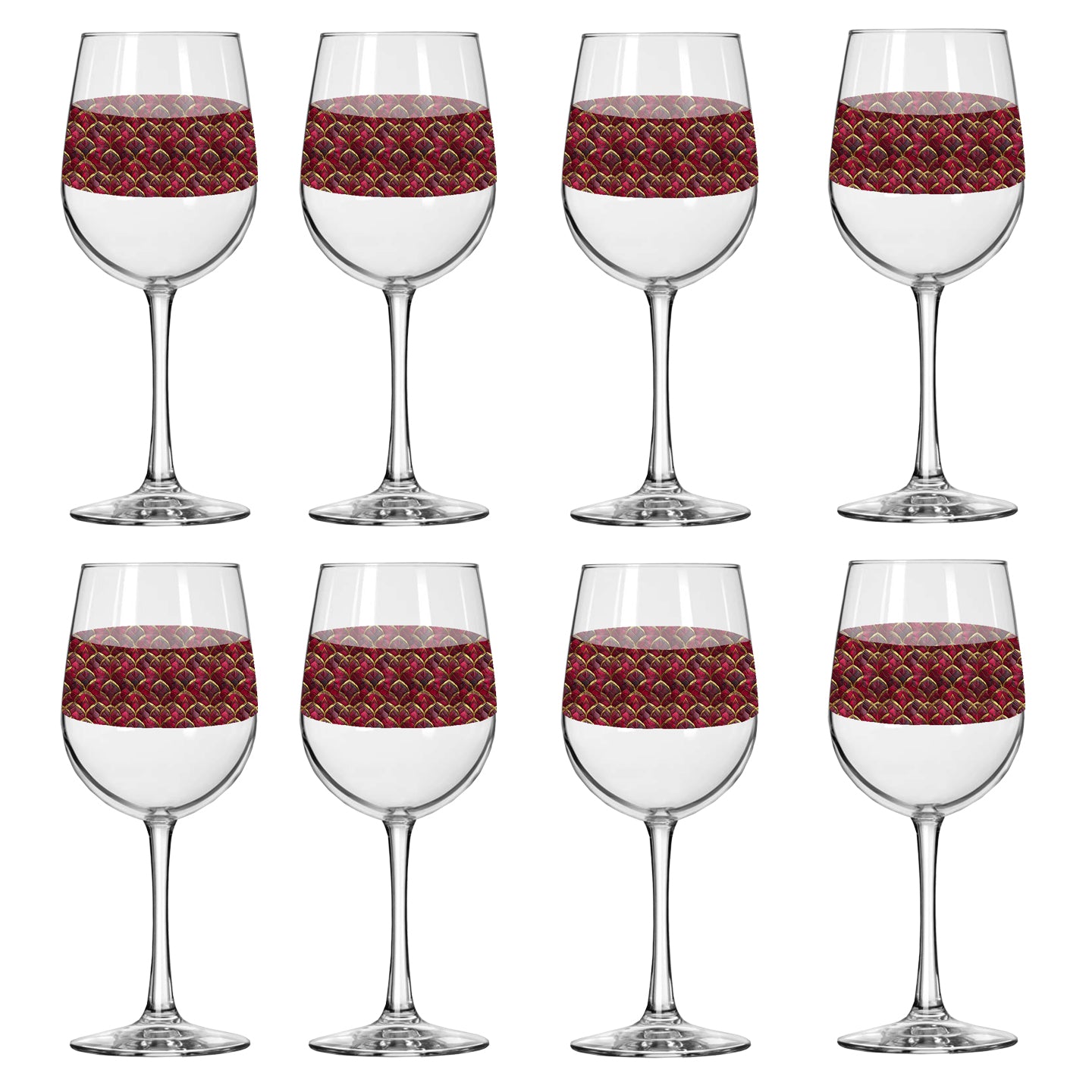 Set of eight Crimson Jewels tall wine glasses with red and gold patterned bands on a white background