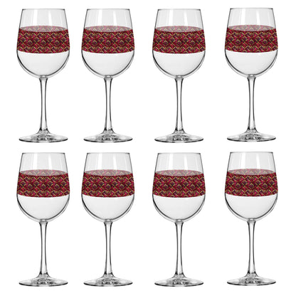 Set of eight Crimson Jewels tall wine glasses with red and gold patterned bands on a white background