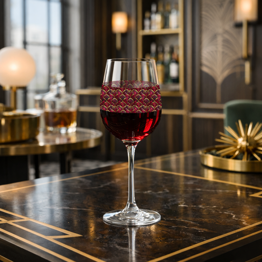 Crimson Jewels tall wine glass with ruby and gold design sitting on an art deco decor bar.