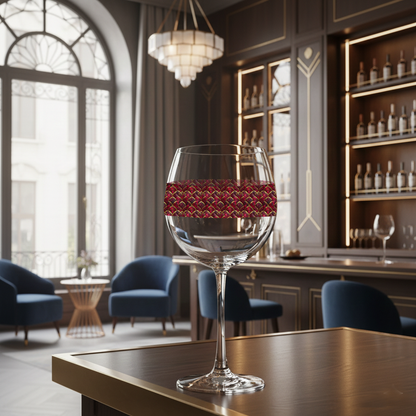 Crimson Jewels balloon wine glass with ruby and gold art deco design on a bar in a speakeasy with seating and bottles, and people in the background