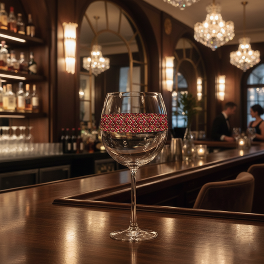 Crimson Jewels balloon wine glass with ruby and gold art deco design on a bar in a speakeasy with seating and bottles, and people in the background