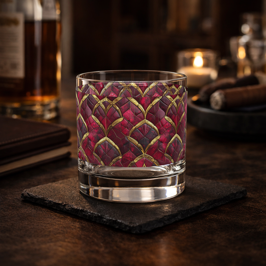 Crimson Jewels rocks glass with a ruby and gold design on a dark table sitting on a coaster and a whiskey bottle and candle in background