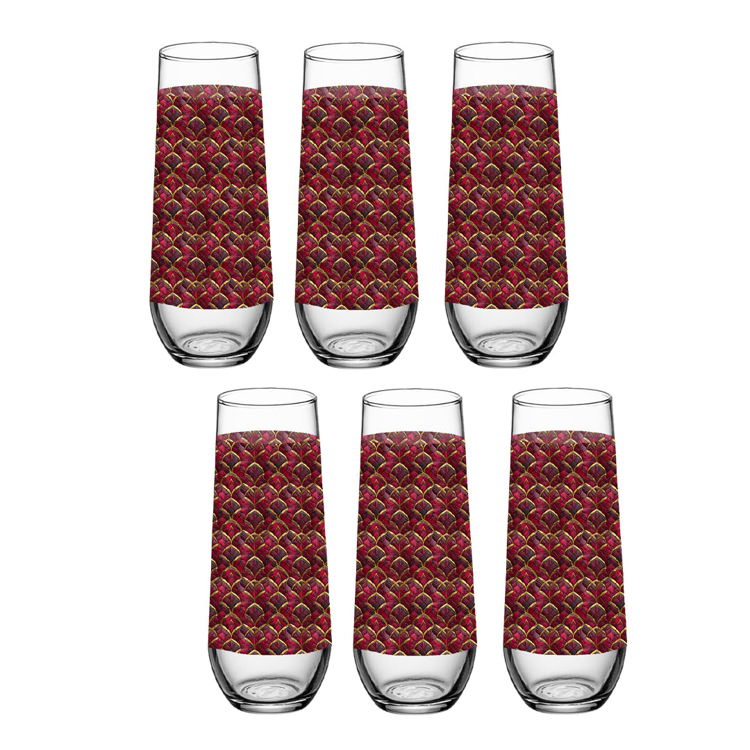 Set of six tall glasses with red and gold geometric pattern on a white background