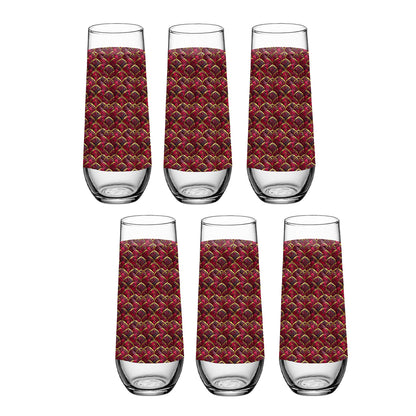 Set of six tall glasses with red and gold geometric pattern on a white background