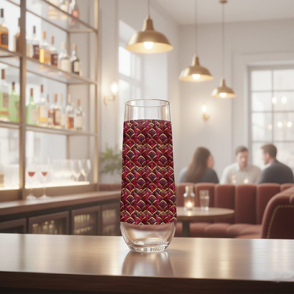 Crimson Jewels stemless champagne glass with a ruby and gold design on a table with a champagne bucket in the  background