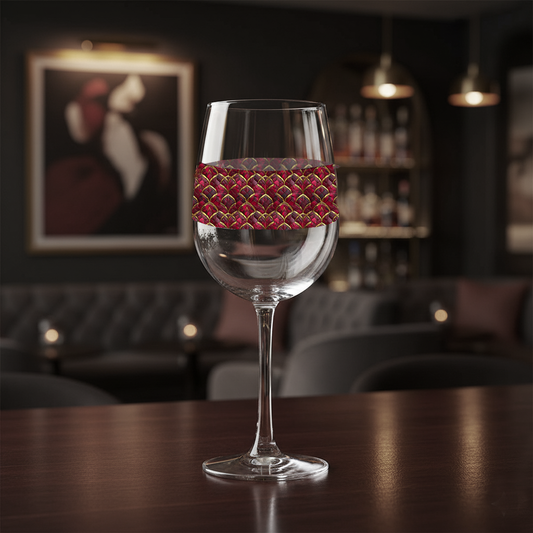 Crimson Jewels tall wine glass with ruby and gold design on a bar counter