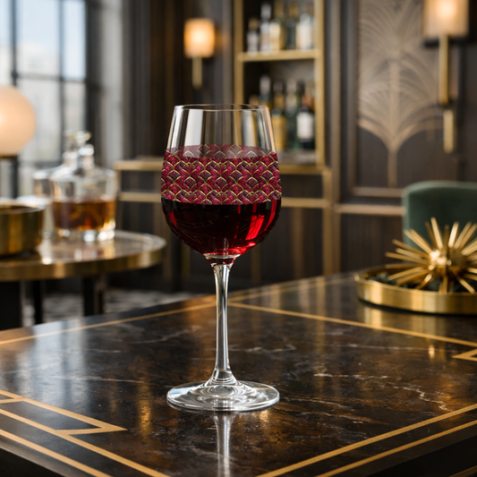 Crimson Jewels tall wine glass with ruby and gold design sitting on an art deco decor bar.