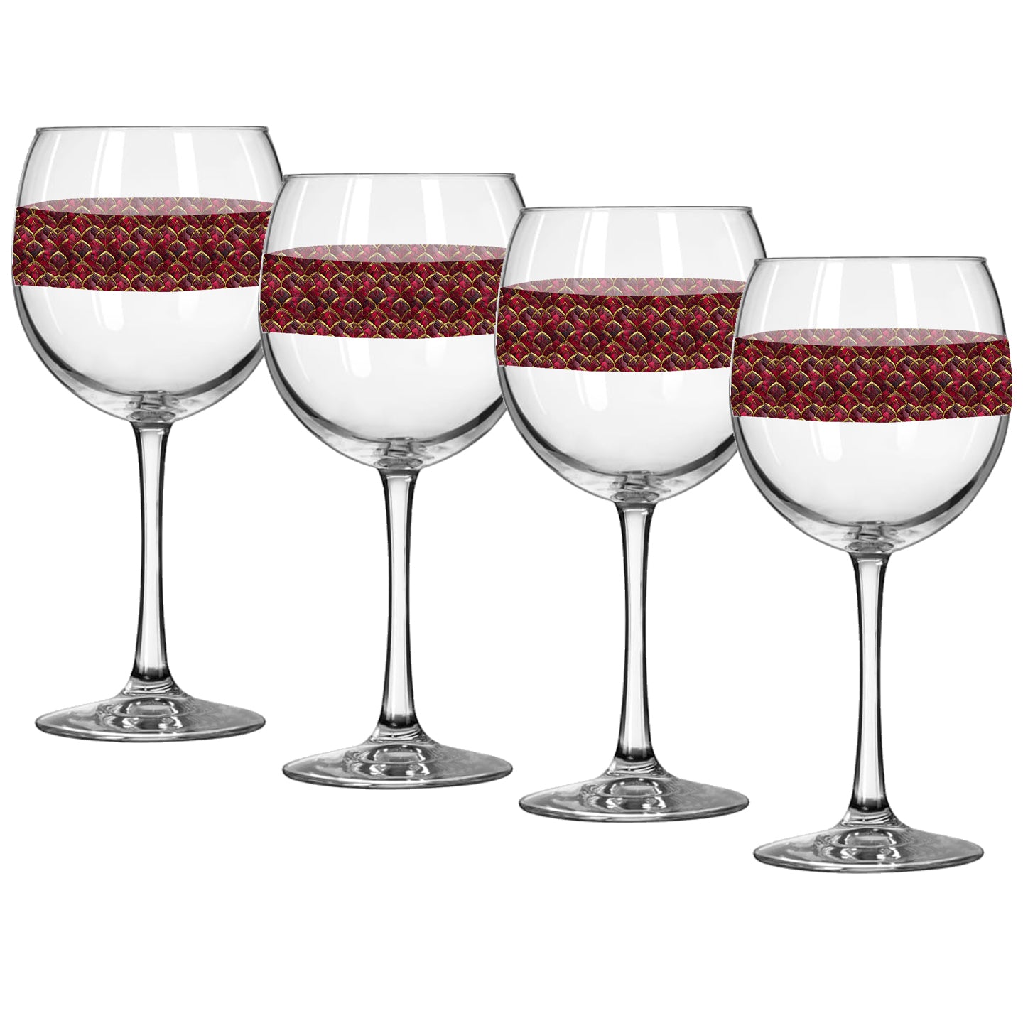 Four wine glasses with red woven bands on a white background