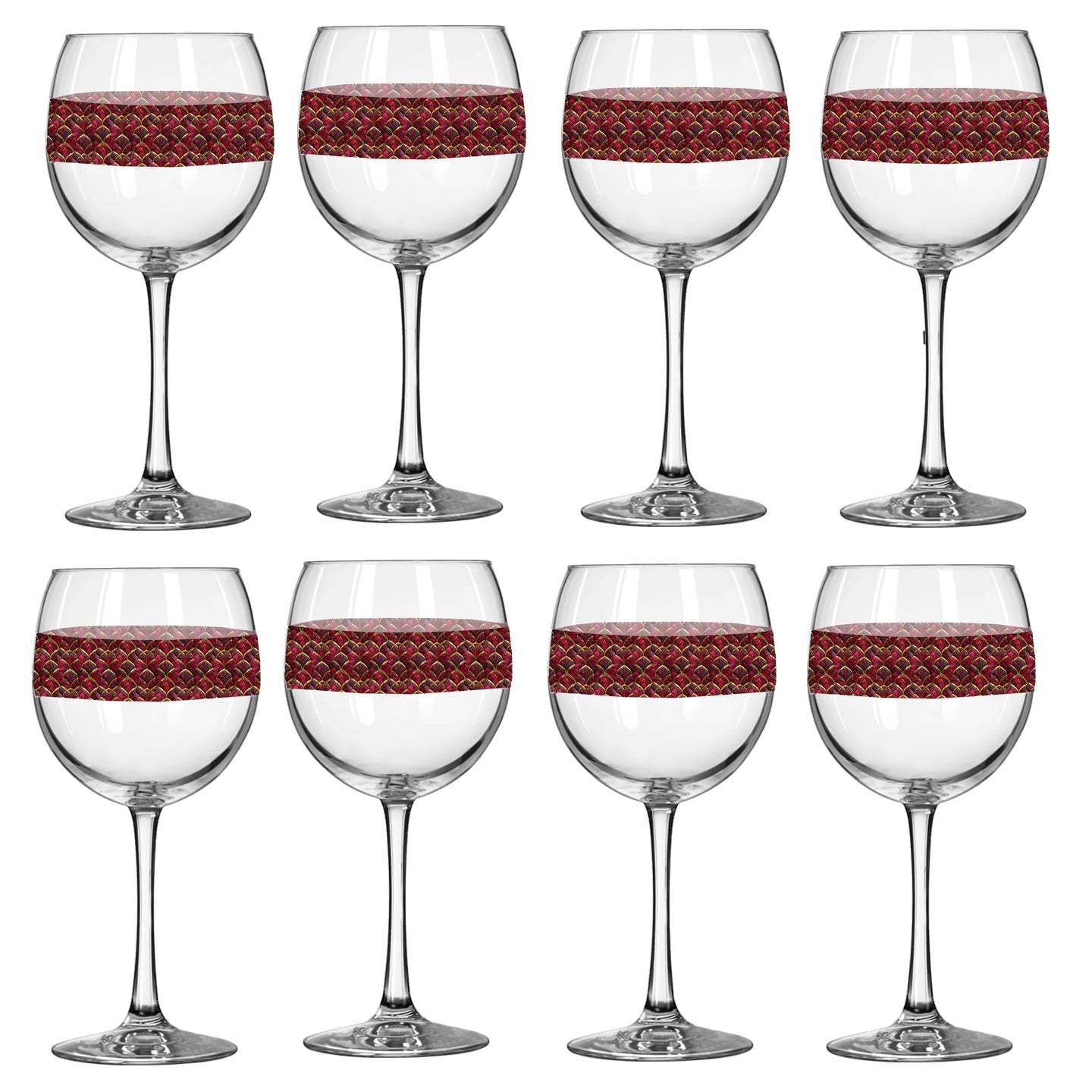 Set of eight wine glasses with red decorative bands on a white background