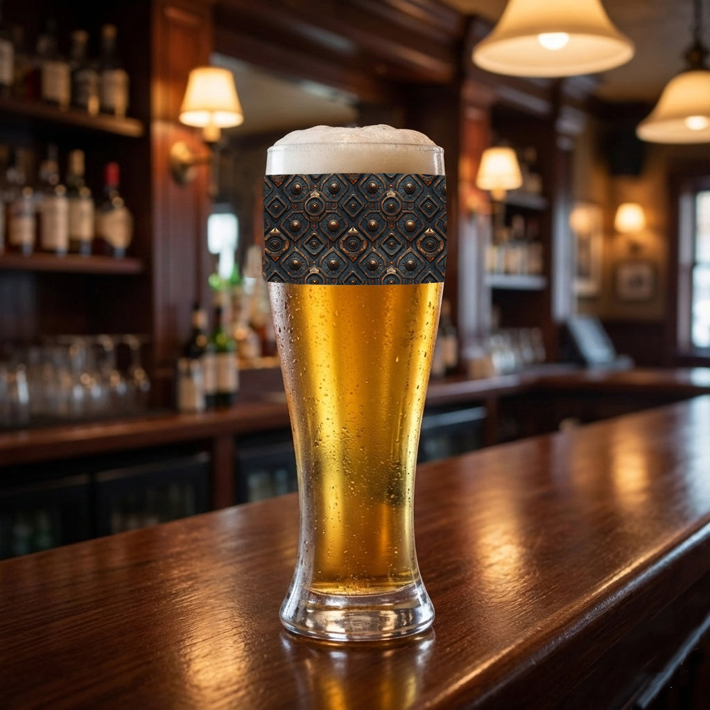 Foundry Coppers pilsner beer glass in a dark ash and copper discs design that is filled with beer and foam sitting on a bar in a pub setting