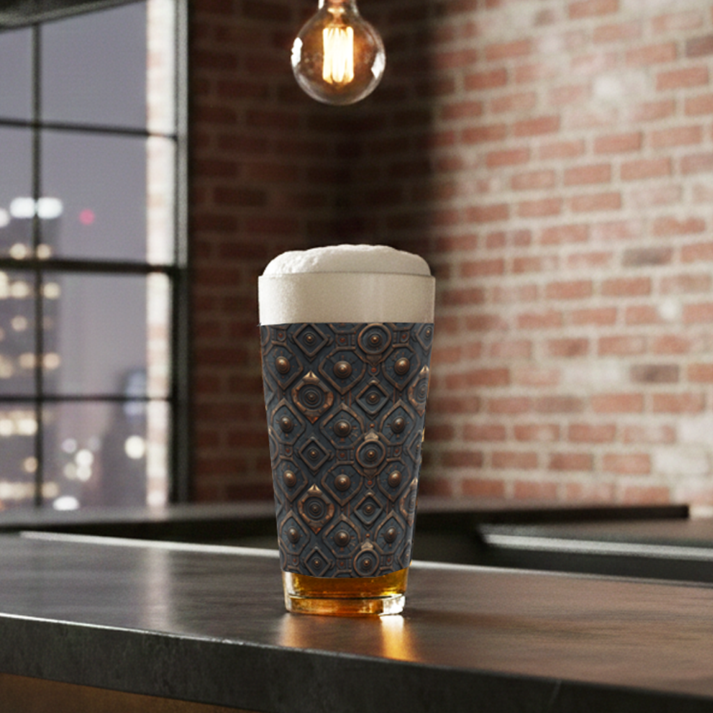 Foundry Copper pint beer glass with a dark ash and copper design, filled with beer and sitting on a bar counter with brick wall and city view blurred in background