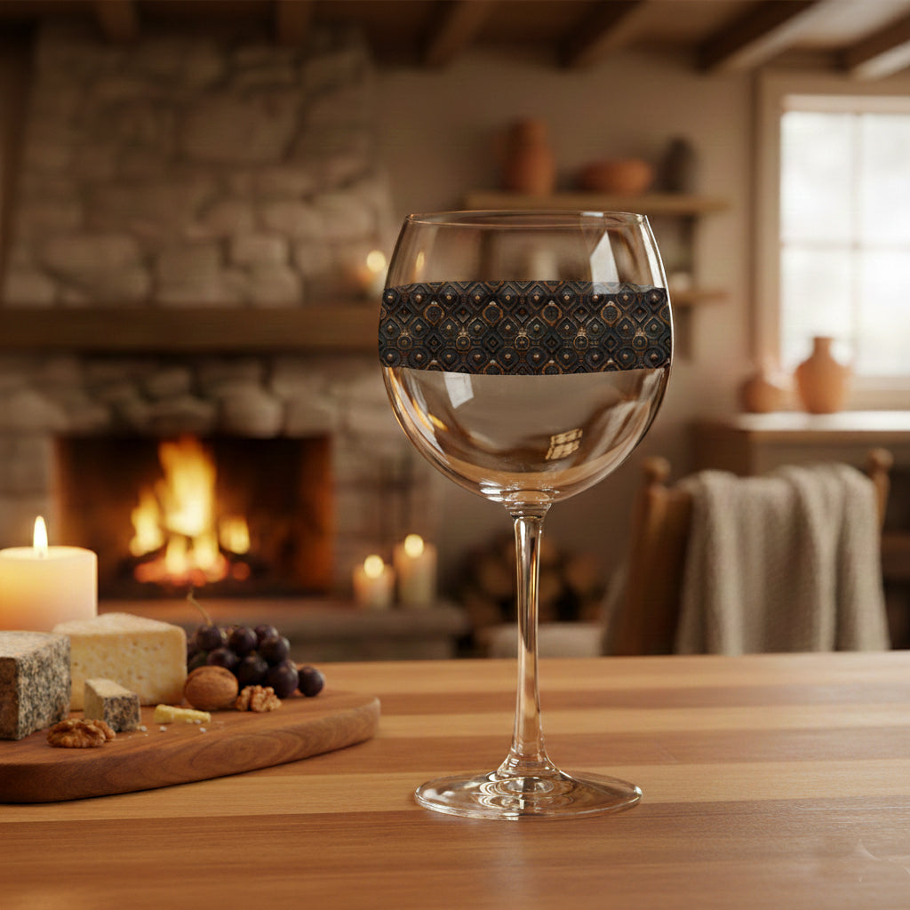 Foundry Coppers balloon wine glass with a dark ash and copper discs design and grapes, cheese and candle on a table in a cozy room with a fireplace.