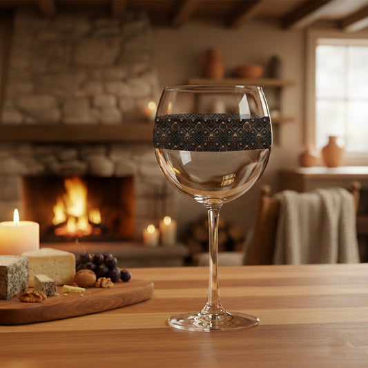 Foundry Coppers balloon wine glass with a dark ash and copper discs design and grapes, cheese and candle on a table in a cozy room with a fireplace.