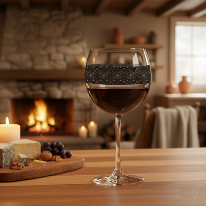 Foundry Coppers balloon wine glass with a dark ash and copper discs design and filled with red wine on a wooden table in a cozy room with a fireplace.