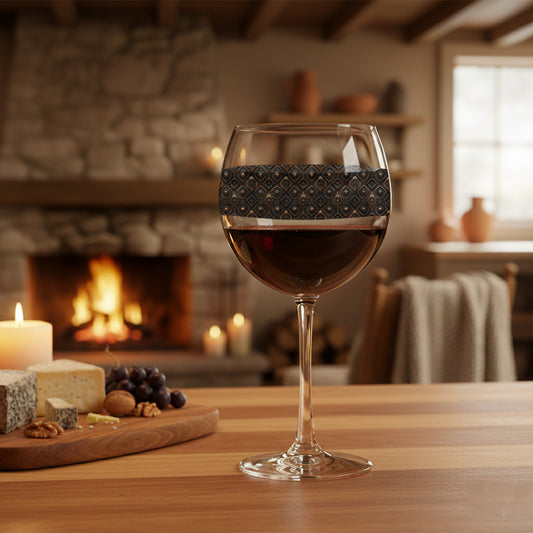 Foundry Coppers balloon wine glass with a dark ash and copper discs design and filled with red wine on a wooden table in a cozy room with a fireplace.