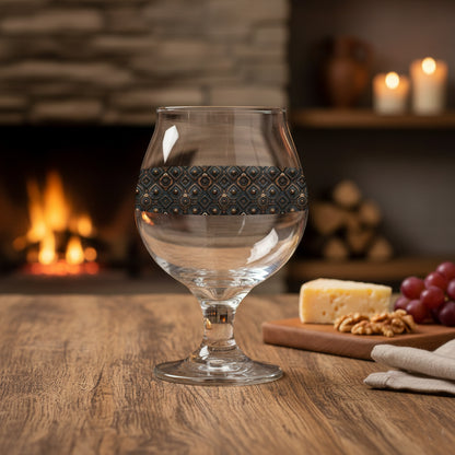 Foundry Coppers Belgian beer glass in a dark ash and copper discs design on a wooden table with a fireplace and snacks in the background