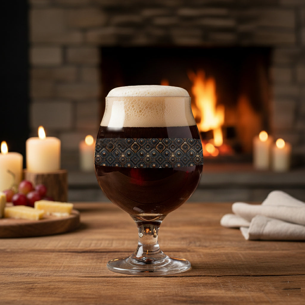 Foundry Coppers Belgian beer glass in a dark ash and copper discs design filled with dark beer and oam on a wooden table in front of a fireplace.