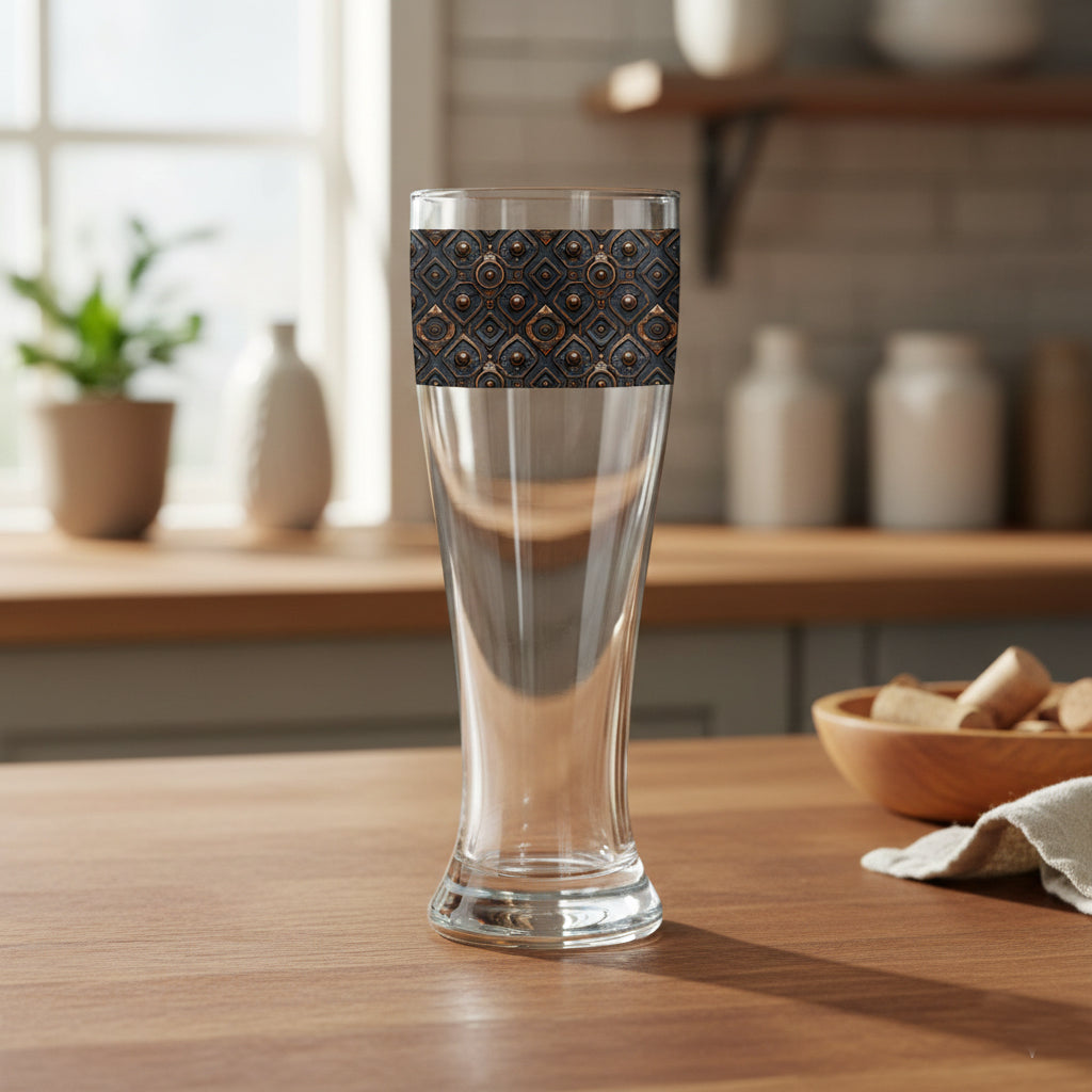 Foundry Coppers pilsner beer glass in a dark ash and copper discs design on a wooden table in a kitchen setting