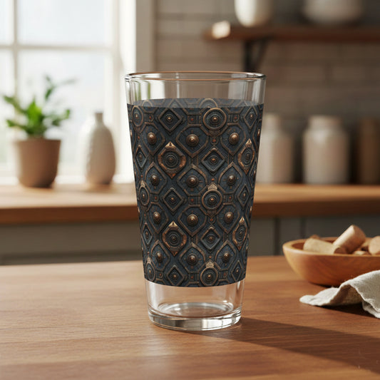 Foundtry Coppers highball glass with a dark ash discs design on a wooden table in a kitchen setting