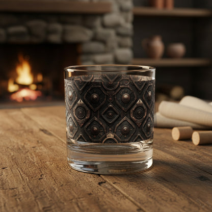 Foundtry Coppers rocks glass with a dark ash discs design on a wooden table with a fireplace in the background