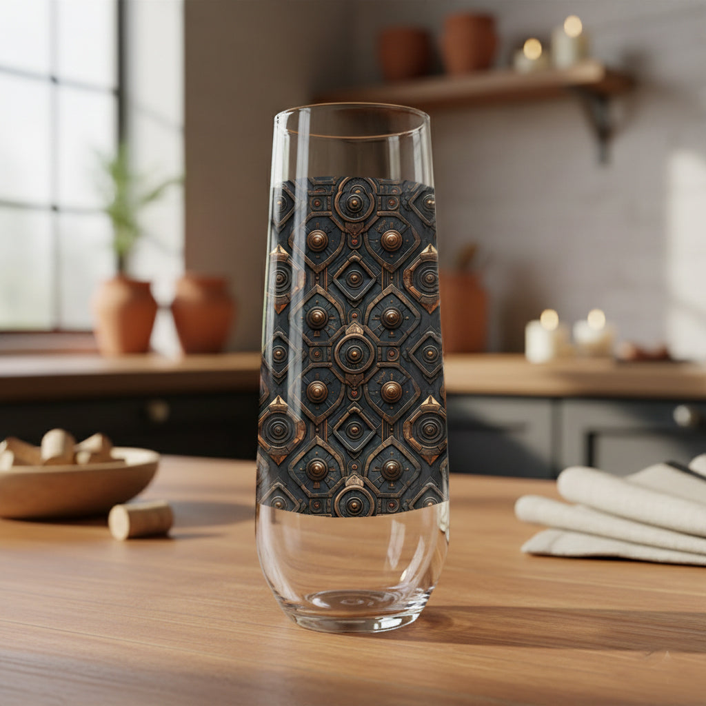 Foundry Coppers stemless champagne glass with a dark ash and copper discs design on a wooden table with blurred background