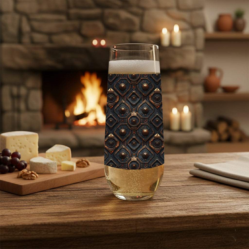 Foundry Coppers stemless champagne glass with a dark ash and copper discs design on a wooden table in front of a fireplace.
