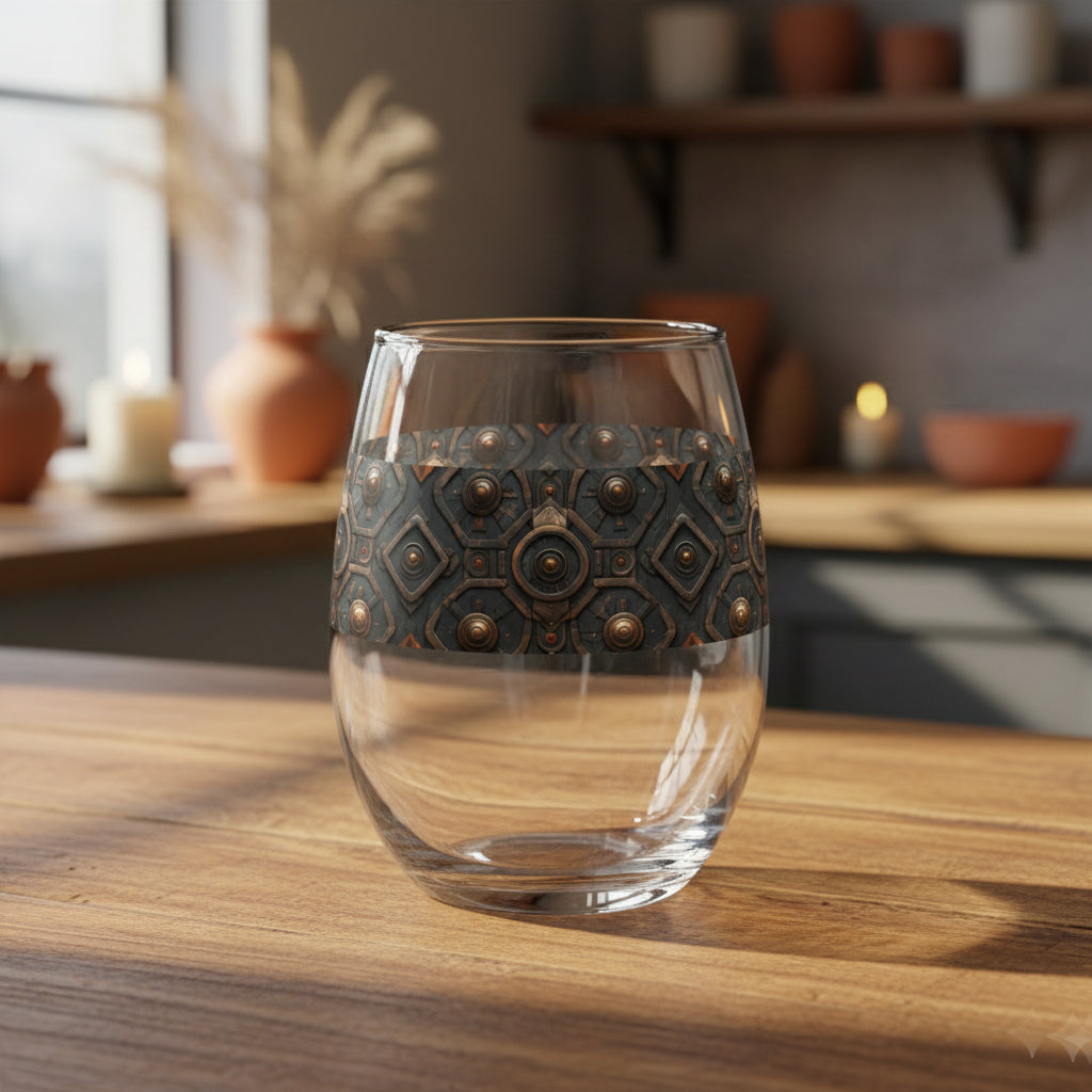 Foundry Coppers stemless wine glass with a dark ash and copper design on a wooden table