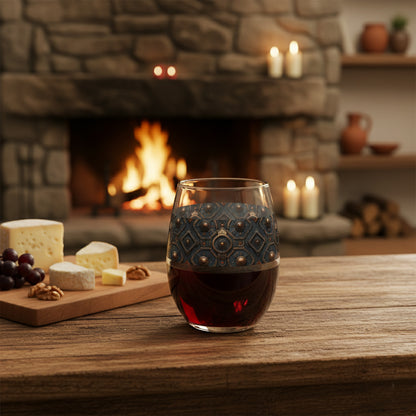 Foundry Coppers stemless wine glass with a dark ash and copper design and filled with red wine on a wooden table, with a fireplace and candles in the background