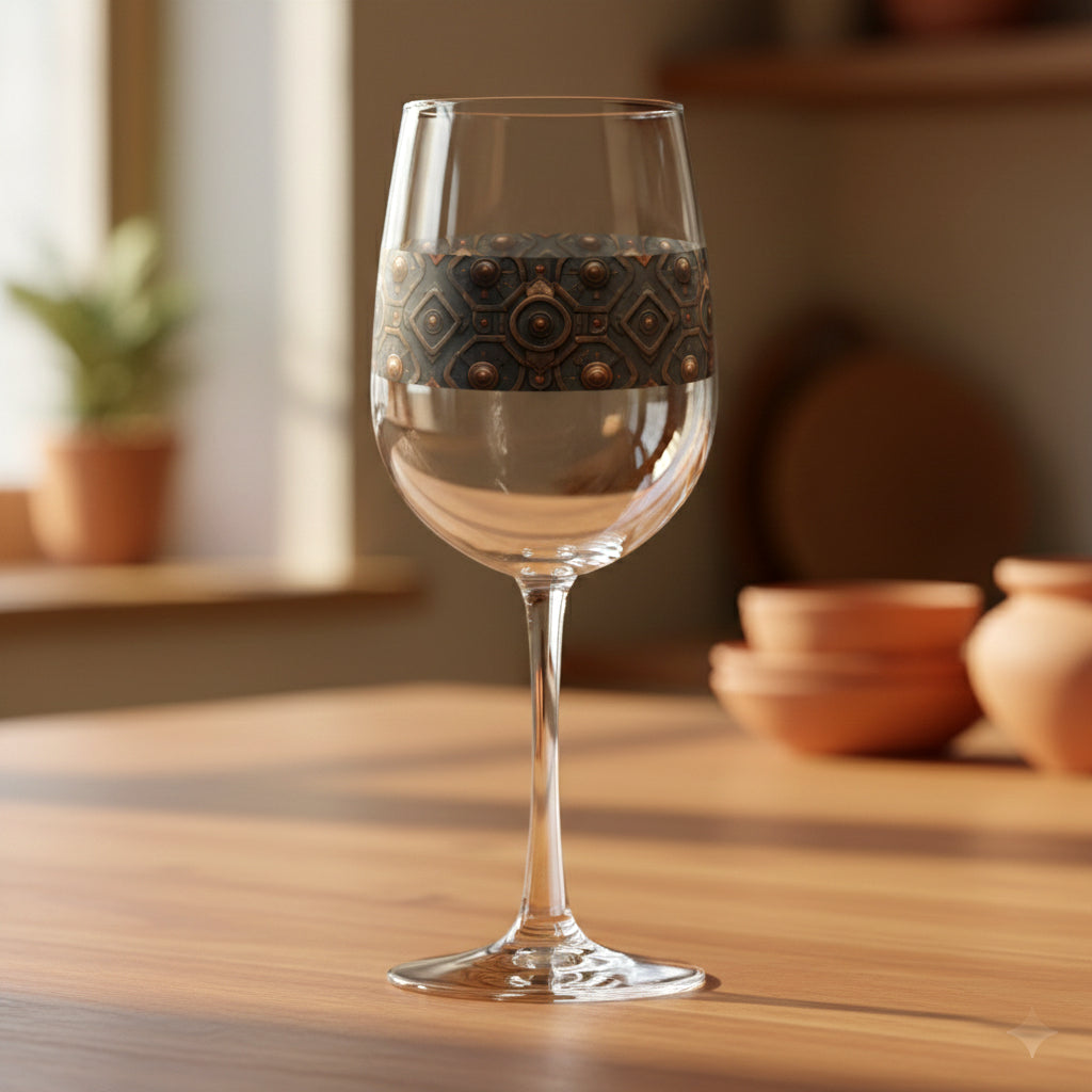 Foundry Copper tall wine glass with a dark ash and copper discs design on a wooden table with a blurred background