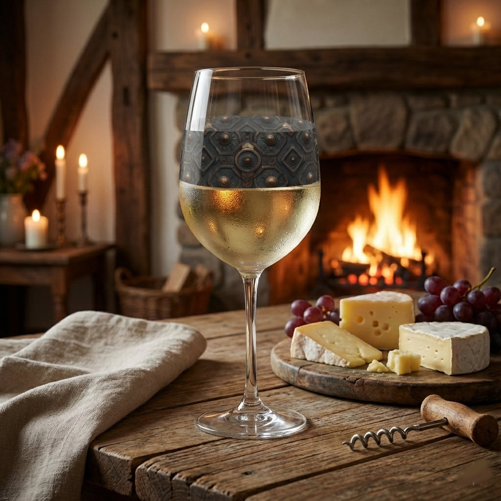 Foundry Copper tall wine glass with a dark ash and copper discs design that is filled with white wine on a wooden table with cheese and grapes, and a fireplace in the background