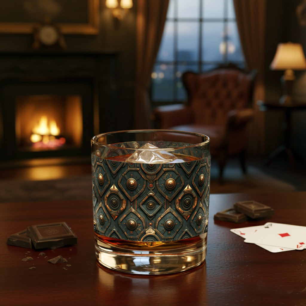 Foundtry Coppers rocks glass with a dark ash discs design and filled with whiskey on a table in a cozy room with a fireplace, chocolate, and playing cards.