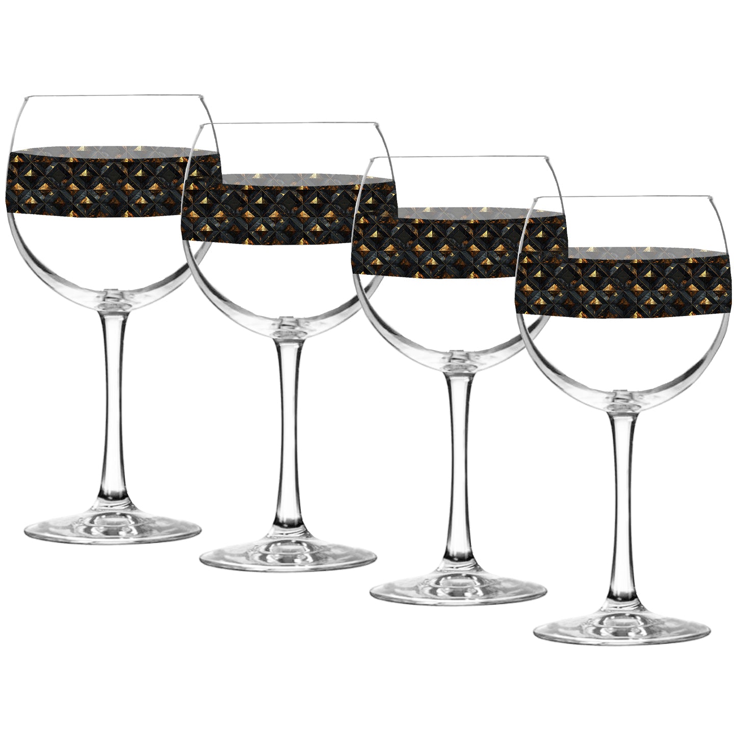 Set of four balloon wine glasses with black and gold diamond design on a white background