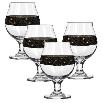 Set of four Belgian beer glasses with black and gold diamond design on a white background