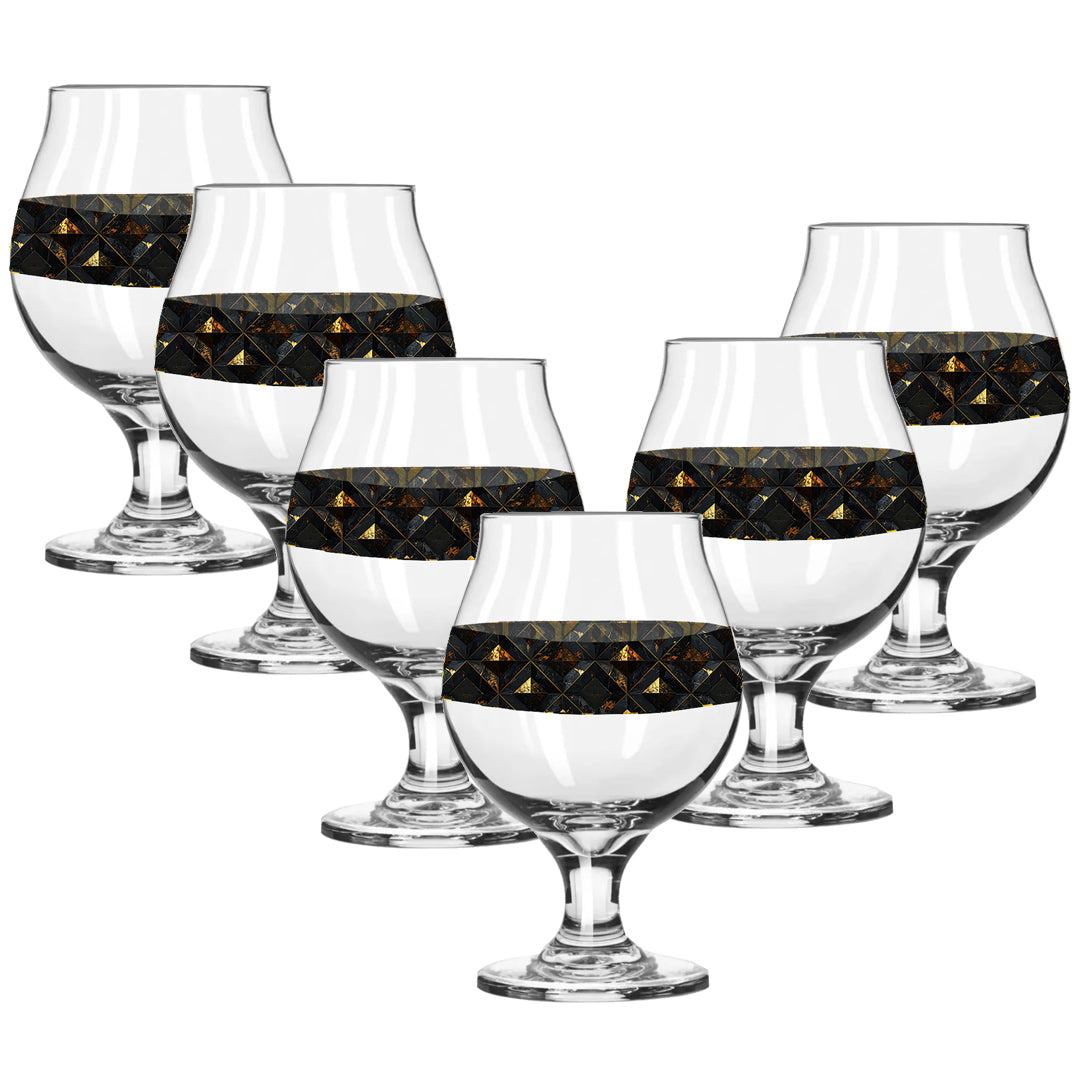 Set of six Belgian beer glasses with black and gold diamond design on a white background