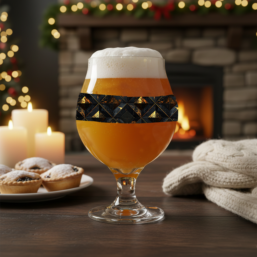 Gilded Decay Belgian glass of beer with charcaol and gold pattern and a festive background featuring candles and a fireplace.
