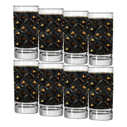 Set of eight highball glasses with black and gold geometric pattern on a white background